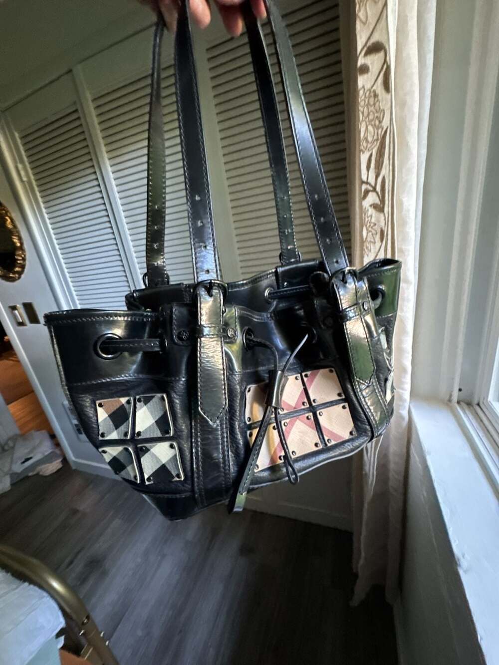 Burberry Black Patent Leather Studded Warrior Armor Hobo Bag